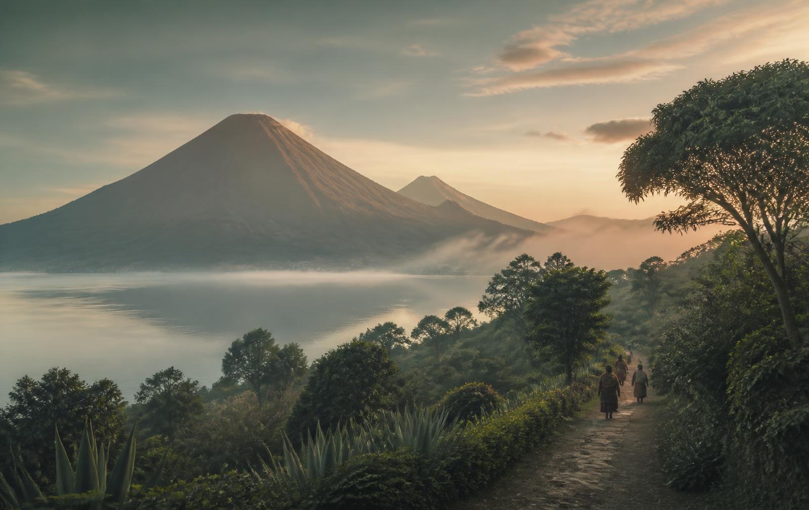A path through nature facing a lake and volcanoes in Guatemala